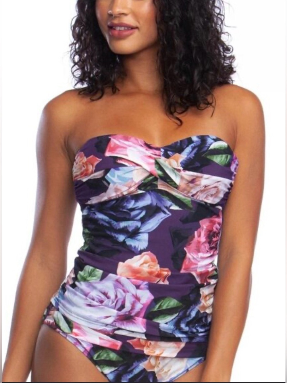 La Blanca Bandeau Purple Strapless Tankini Rose Print Sz 6 Swim Beach Pool
